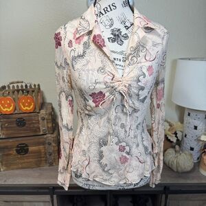 The Limited Y2k 100% Silk Sheer Retro Floral Long Sleeve Blouse Sz M Coquette